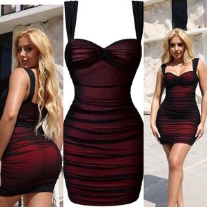 Red Black Ruched Dress,  Sleeveless Bodycon Mini Dress – Sexy Summer Clubwear